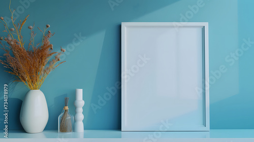 Modern Home Decor with Blank Picture Frame and Vases on Blue Background