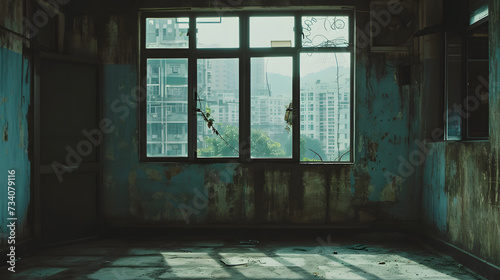 Abandoned Room with Blue Peeling Walls and City View Through Window