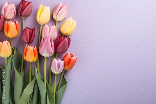 Overhead shot of tulips in various colors forming a captivating display on a soft lavender background, with generous space for text.