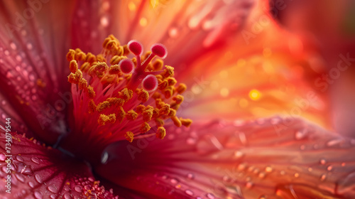 Macro of Red Hibiscus Flower with Raindrops