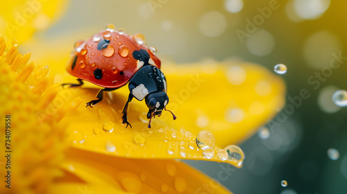 Raindrops on Ladybug Crawling on Yellow Flower Petal