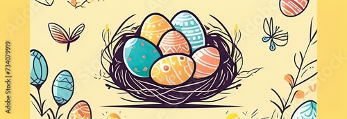 Easter poster background template with Easter eggs in the nest on light yellow background. Greetings and presents for Easter Day