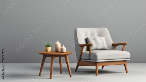 Modern armchair with wooden small coffee table.