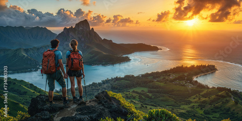 A couple with backpacks stands on a tropical mountain overlooking a breathtaking sunrise and a serene bay.