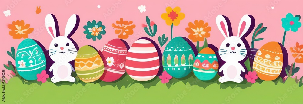 Colourful easter banner with bunnies, eggs and flowers. Vector Colourful easter banner with bunnies, eggs and flowers. Vector