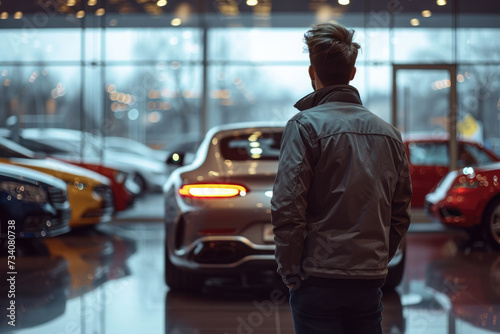 A man stands contemplating a selection of luxury cars in a spacious, well-lit car dealership showroom.