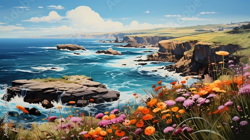 A panoramic view of a secluded cobalt blue ocean bay, framed by towering cliffs and colorful wildflowers