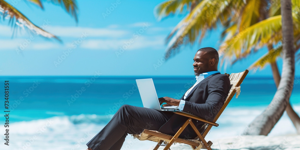 African American man doing business using laptop on a tropical luxury beach resort. Adult businessman in suit working on computer on the beach. Freelance online remote work freedom concept