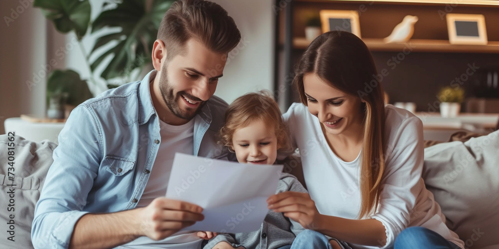 Happy family father mother kid reading important mortgage documents smiling on sofa coach. Document on purchase of real estate or loan agreement contract. Life financial changes concept Happy family father mother kid reading important mortgage documents smiling on sofa coach. Document on purchase of real estate or loan agreement contract. Life financial changes concept