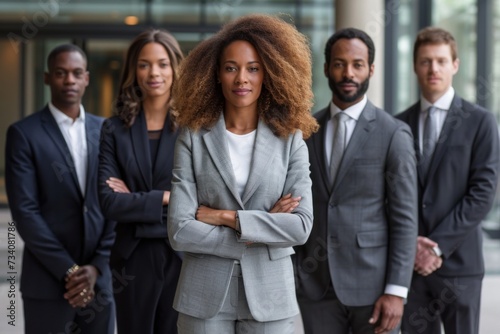 Portrait of confident business people standing with arms crossed in front of office building