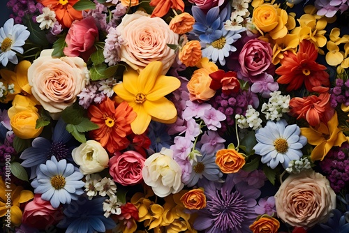 Overhead view of a mixed bouquet of spring flowers  creating a dynamic and vibrant space for your personalized text.