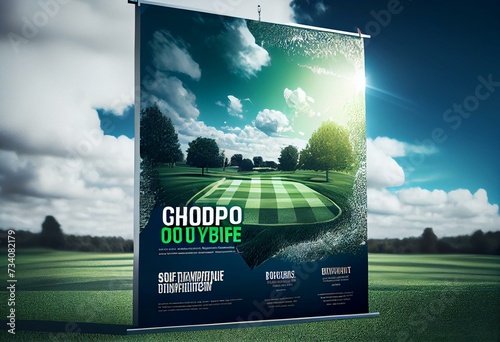 Golfclub competition poster. Template for golf competition or championship event. Blue sky and green golf field. Generative AI photo