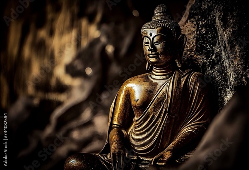 The golden buddha statue at Wat Tham Seua (Tiger Cave Temple) Krabi, Thailand. Generative AI photo