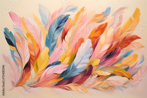 Playful assortment of colorful feathers forming a vibrant composition on a light peach background, invoking a sense of lightness and freedom.