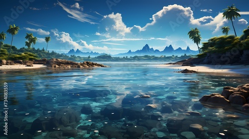 A panoramic view of a serene cobalt blue ocean, with a distant island adding a touch of mystery