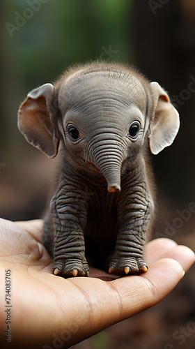A tiny baby elephant resting on the tip of a woman's finger shows the cute nature of the tiny animal, isolated on a white background.