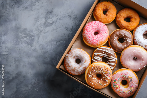doughnuts, donunts, with icing sugar. Box of donut, copy space, minimalistic. Chocolate, glazed with sprinkles. Pink and caramel, dessert or pastry, junk or fast food