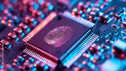 Microchip integrated with a unique fingerprint pattern, symbolizing advanced biometric identification technology for secure access and authentication. photo