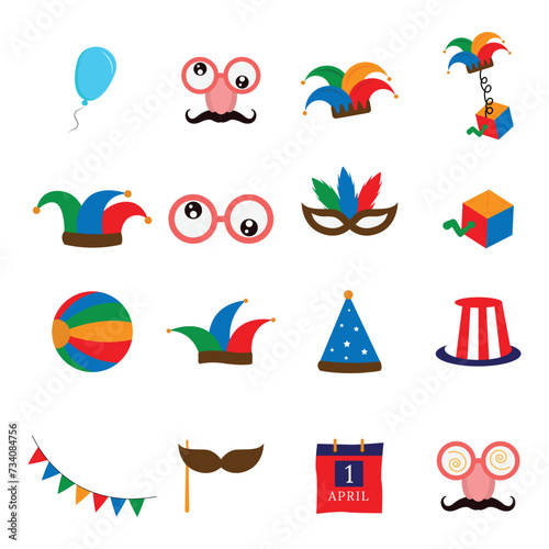 Set of flat april fools day icons white background