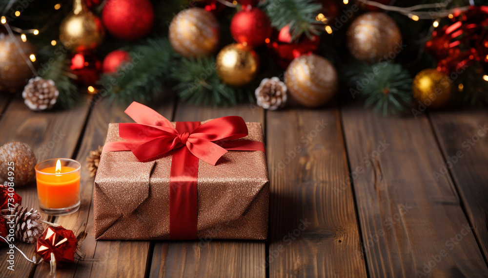 Christmas gift wrapped in shiny gold paper on wooden table generated by AI Christmas gift wrapped in shiny gold paper on wooden table generated by AI