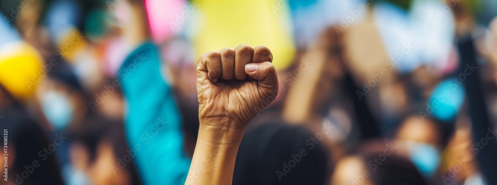 Fist protest hand activist people social fight crowd civil women march strike rebellion black. Hand fist protest rally movement young youth power racism raised racial group mob revolution change unity - obrazy, fototapety, plakaty 