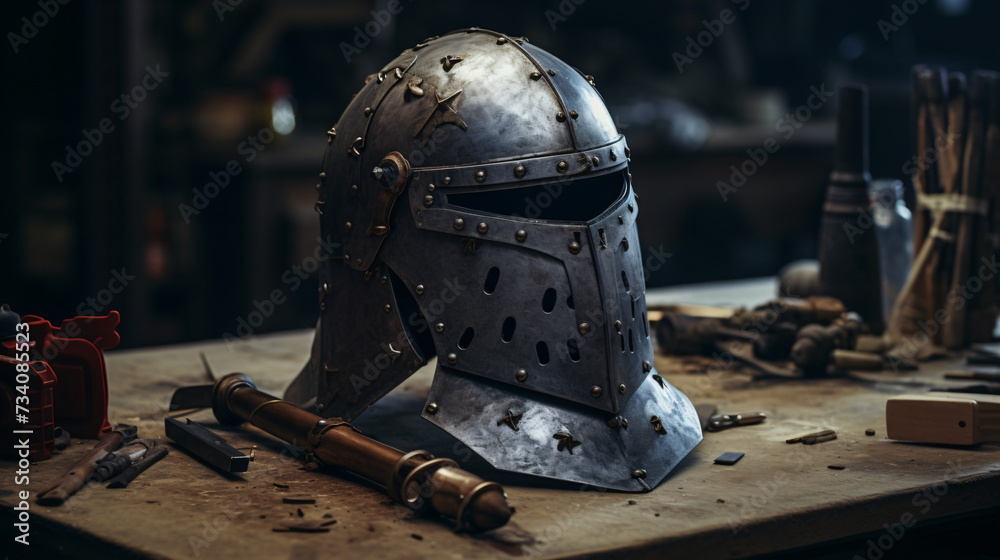 Medieval Bascinet Helm with Lift-able Face Mask - obrazy, fototapety, plakaty 