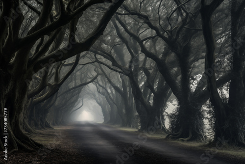 a tree covered road, in the style of gothic atmosphere, british topographical