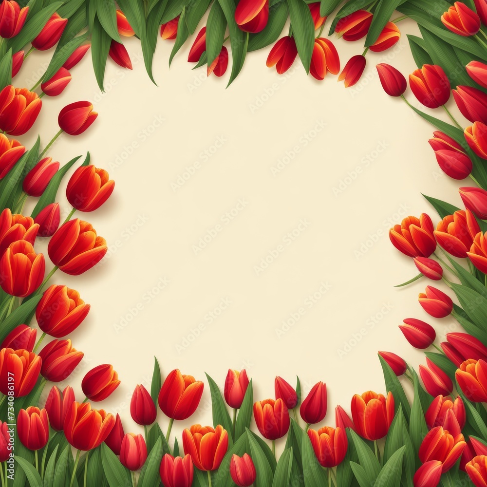 Beautiful red tulips on white background with copy space for text. Top view, flat lay Beautiful red tulips on white background with copy space for text. Top view, flat lay
