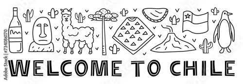 Poster with lettering and doodle outline Chile icons.