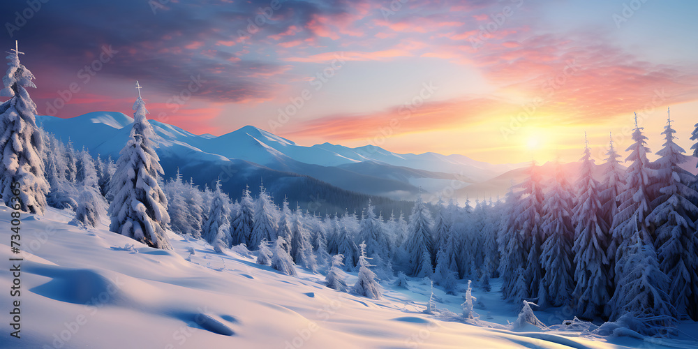 Beautiful winter landscape with snowy fir trees. Sunrise in the mountains.