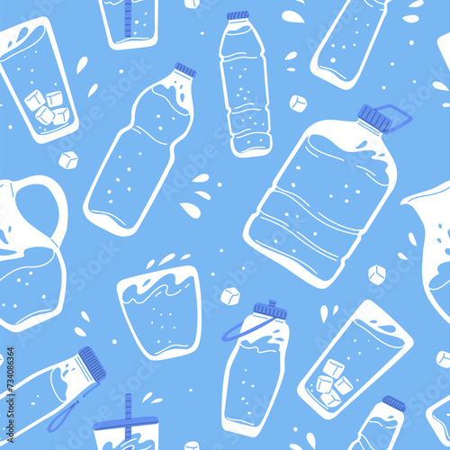 Seamless pattern with water in a bottle, glass and decanter. Drink more water. Flat illustration.