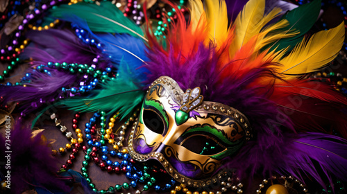 Mardi Gras mask beads and feathers background.