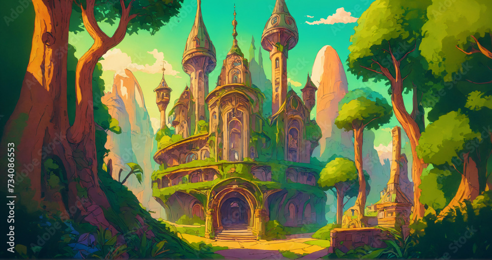 A fantastical castle nestled in an enchanted forest, its spires reaching towards the sky among ancient trees. A place of magic, myth, and wonder. Generative AI.