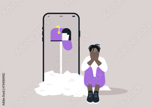 Digital Dilemma, a person overwhelmed by a barrage of notifications, symbolizing the stress of the digital age where information constantly floods our personal spaces