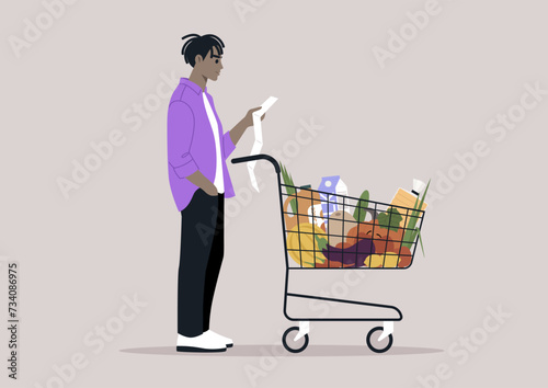 A character stands calmly beside a grocery cart brimming with food, meticulously checking their shopping list against the items selected