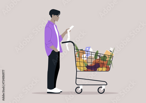 A character stands calmly beside a grocery cart brimming with food, meticulously checking their shopping list against the items selected