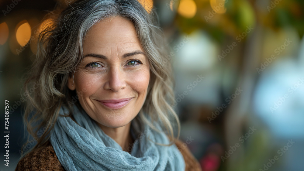 A beautiful middle-aged woman with gray hair and healthy skin is smiling in a good mood. A beautiful middle-aged woman with gray hair and healthy skin is smiling in a good mood.