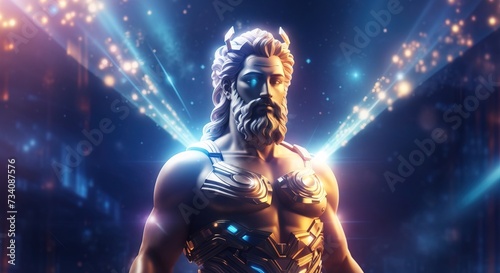 Glowing zeus statue, Surreal light beam sacral illustration