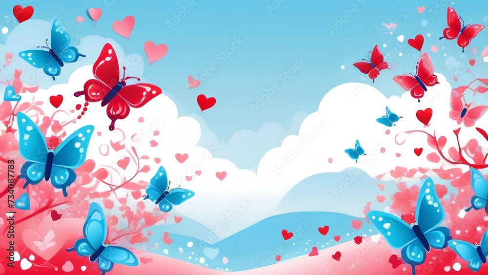 Spring composition of butterflies and hearts on the background of blue sky, colorful spring background