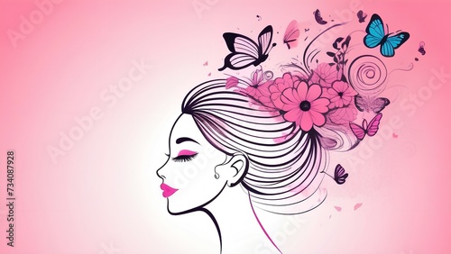 Silhouette of a girl with butterflies and flowers in her hair on a pink background