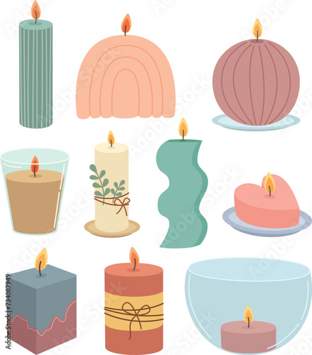 Collection of cute burning candles. Vector illustration of candles for relaxation and home comfort