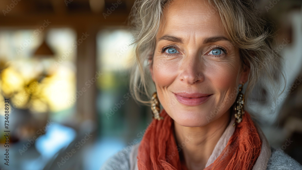 Fototapeta premium A beautiful middle-aged woman with gray hair and healthy skin is smiling in a good mood.