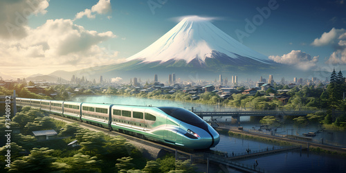 Future Shinkansen with Fuji backround, High-speed rail train travel, Fast modern transportation, Futuristic technology concept, Japanese Shinkansen Bullet Train, Rapid Urban Intercity, Generative AI