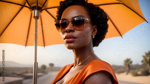 An African-American woman wearing sunglasses stands under an orange umbrella