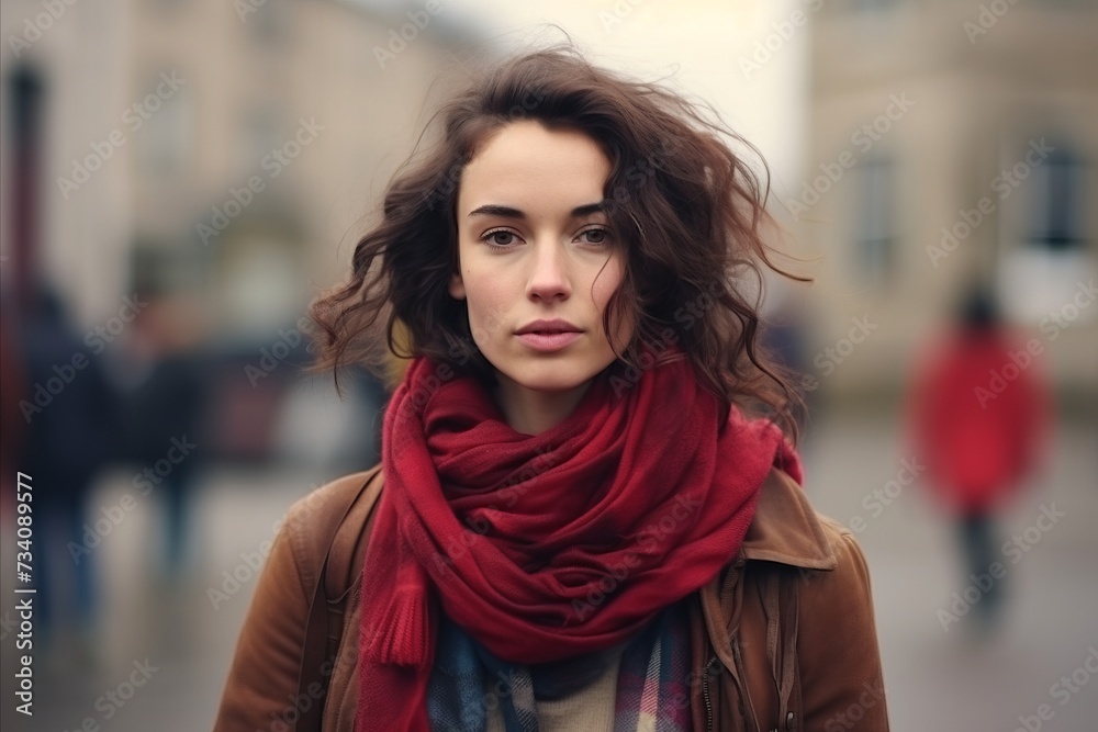 Portrait of a beautiful young woman with red scarf in the city Portrait of a beautiful young woman with red scarf in the city