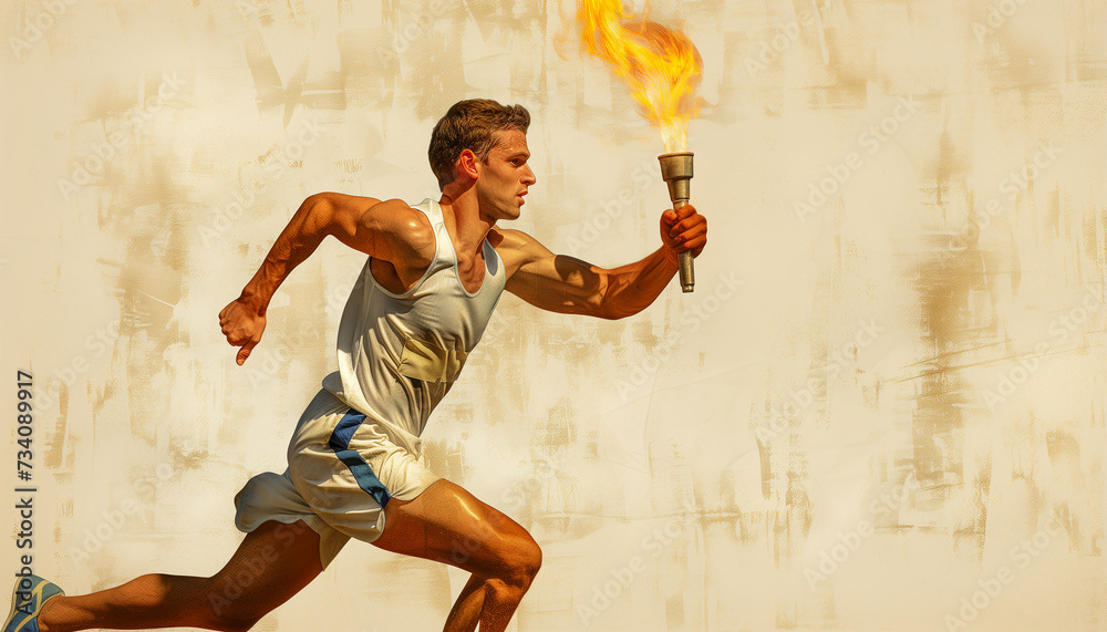 Active Runner torch-bearer with torch flame in hand running fast. Wall grafity illustration oltmpic movement background. - obrazy, fototapety, plakaty 