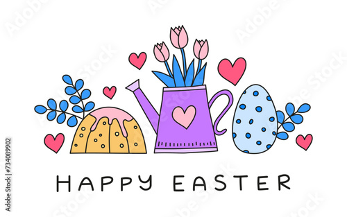 Doodle colorful happy Easter postcard.