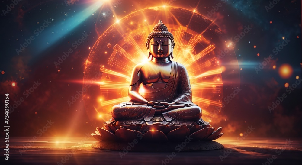 Glowing buddha statue, Surreal light beam sacral illustration Glowing buddha statue, Surreal light beam sacral illustration
