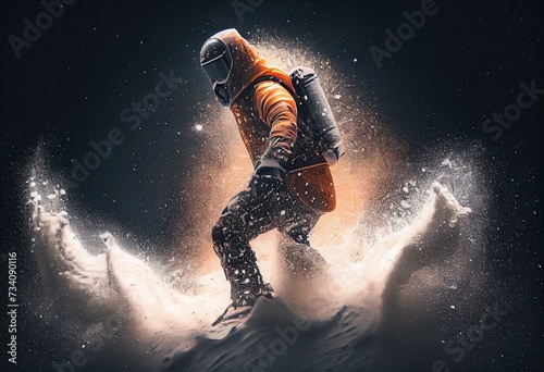 A lone snowboarder surrounded by snow in fast action. Generative AI art © Nerissa
