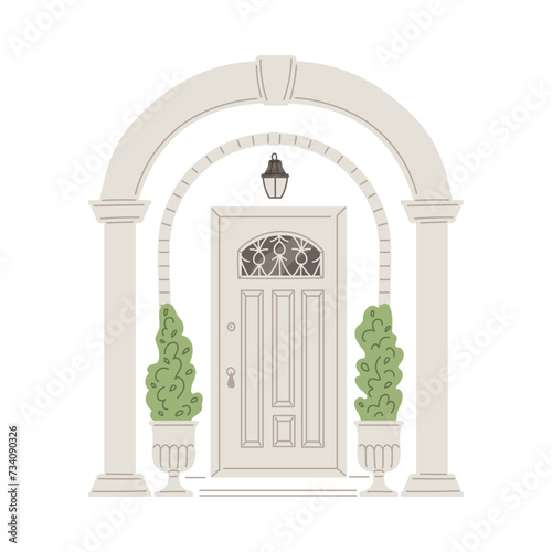 Home entrance white door with arch and column, cartoon house porch exterior with plants in pots vector isolated